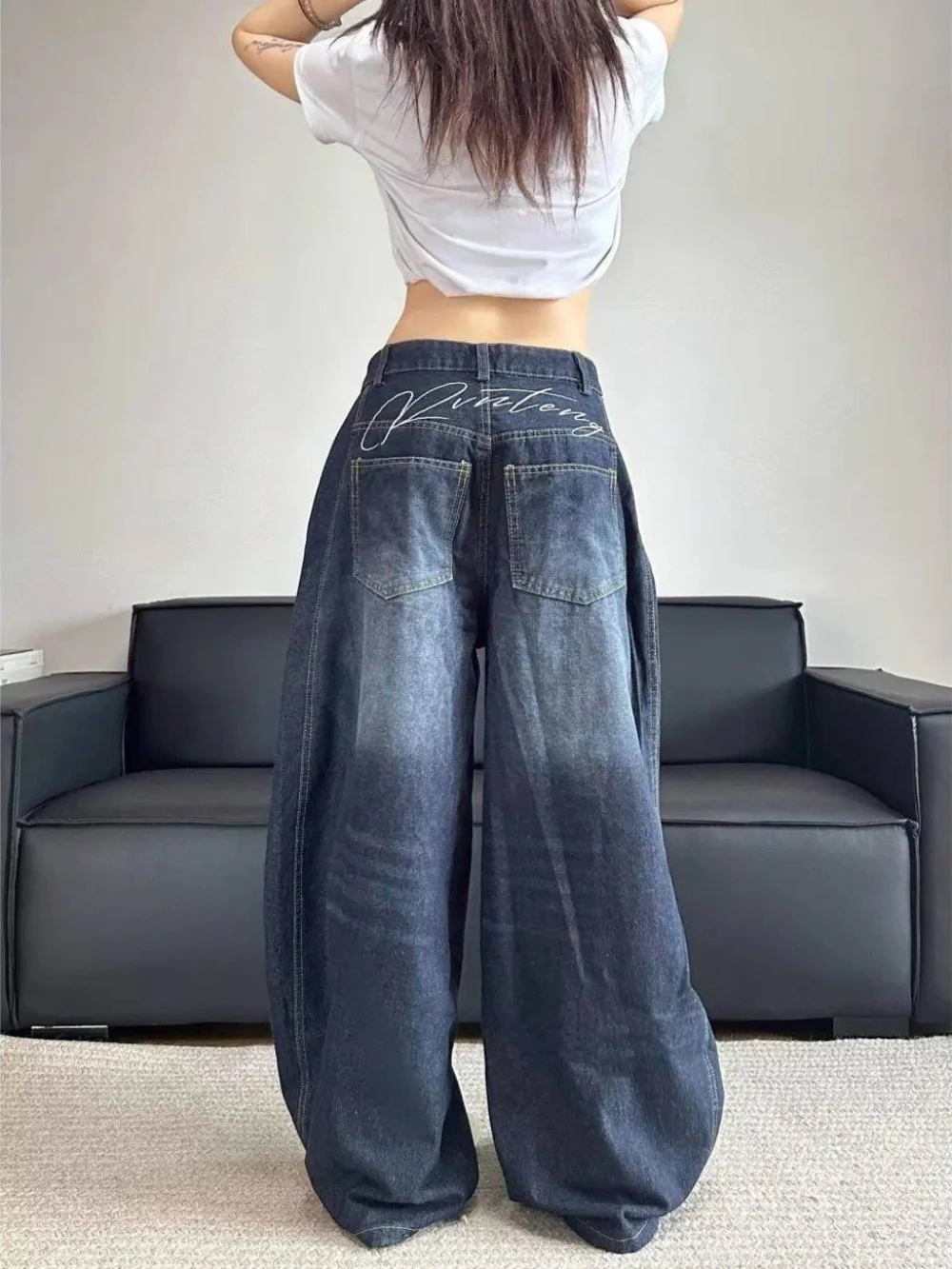 American High Street Letter Embroidery Bent Knife Jeans For Women Retro Versatile Washed Distressed Wide Leg Denim Pants