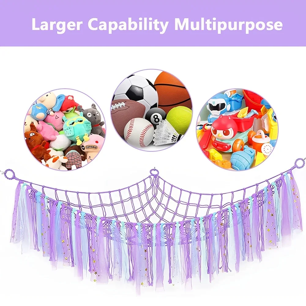 Hammock with Tassels Storage Net for Stuffed Animals Holder and Plush Toy Hammock Handmade Soft Corner Hanging Netting Toy Holde