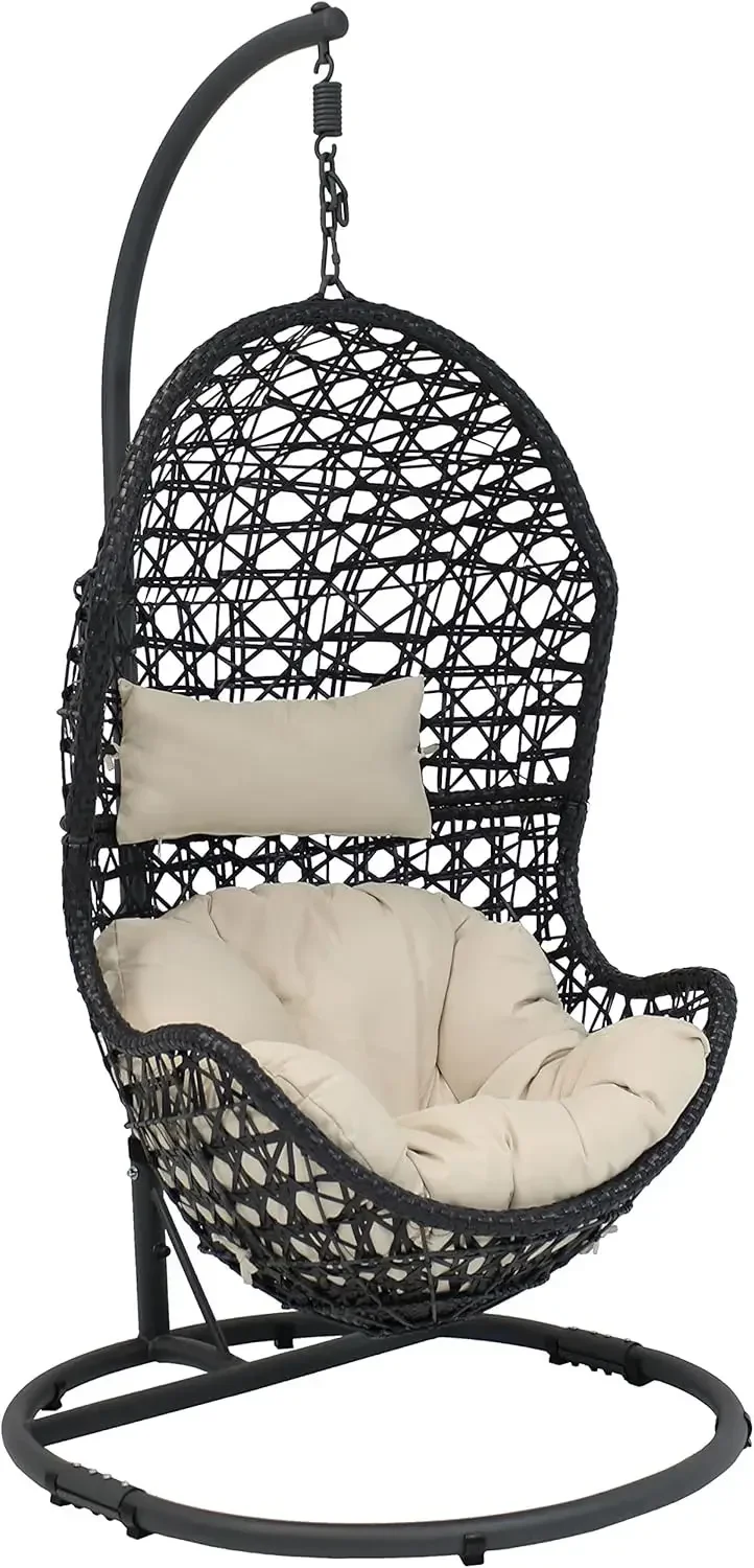 Cordelia Hanging Egg Chair with Steel Stand Set - Resin Wicker Porch Swing - Includes Beige Cushion and Headrest