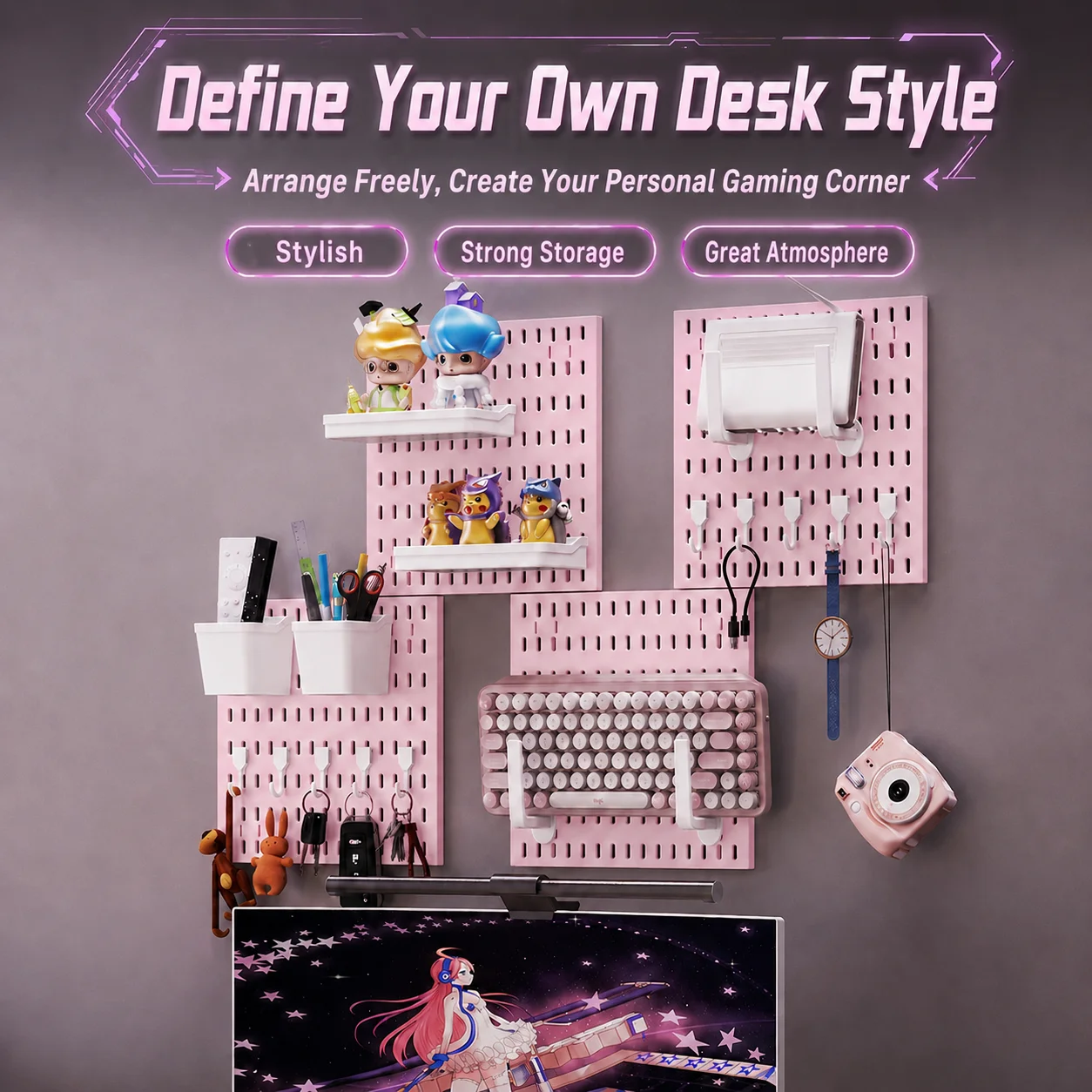 Pink Wall Mount Pegboard DIY Wall Decor Organizer for Gaming Desktop Controller and Headset Storage