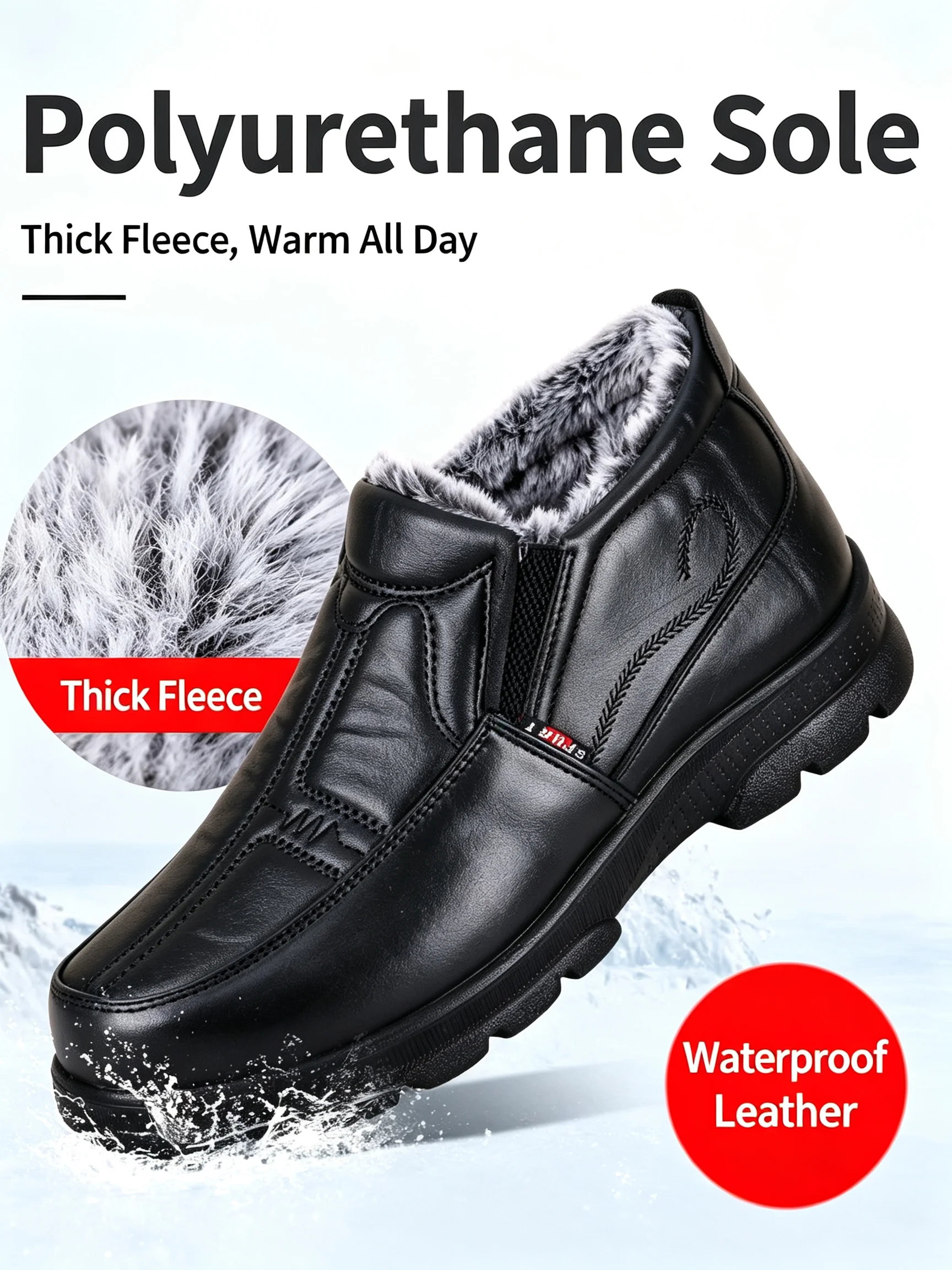 Herren-Winterstiefeletten zum Hineinschlüpfen, warme Schuhe mit Kunstleder- und Fleece-Futter, rutschfeste, dicke Sohle, lässige Outdoor-Stiefeletten, die vor Kälte schützen. – Detail 1