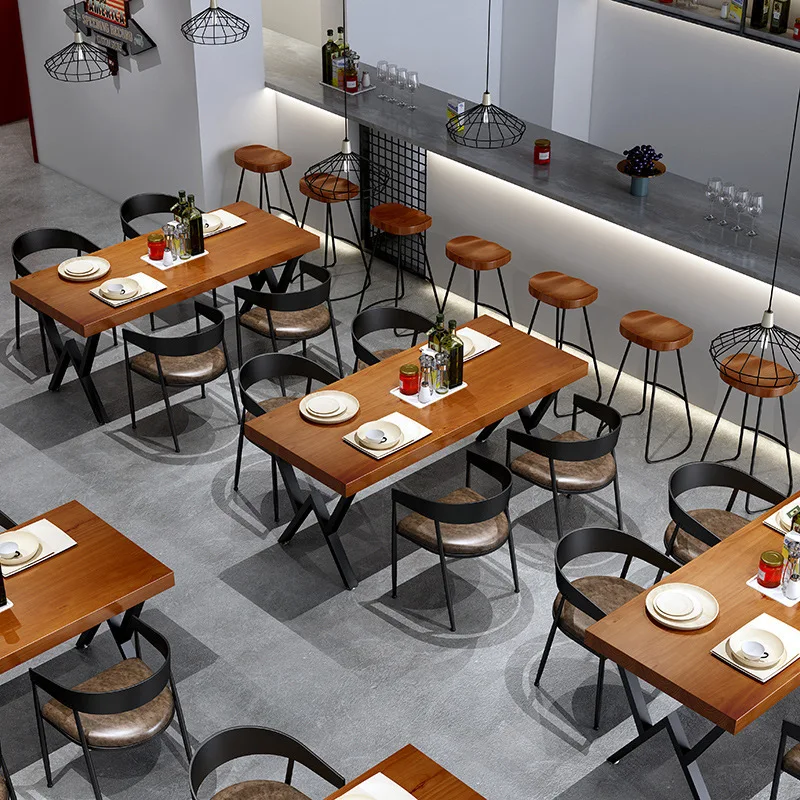 Retro Bar BBQ Bar Music Restaurant Industrial Style Solid Wood Dining Table Rectangle Hot Pot Cafe Table and Chair