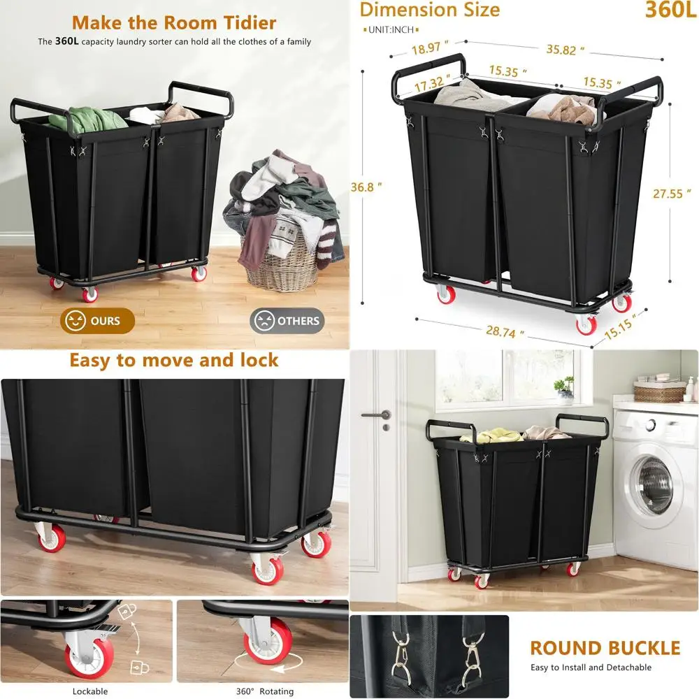

Double Bag 360L Rolling Laundry Basket with Wheels, Extra Large Heavy-Duty Sorter for Laundry Room and Bathroom