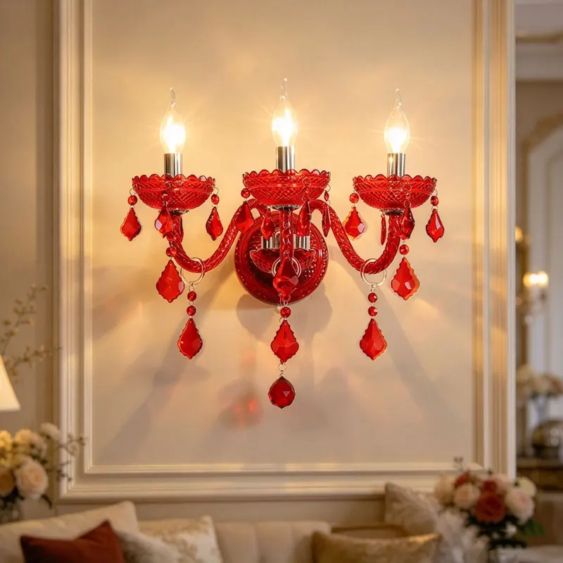European Crystal Wall Lamp Hotel Wedding Room Bedroom Bedside Festive Red Decorative Lamp Gathering Creative Corridor Wall Sconc