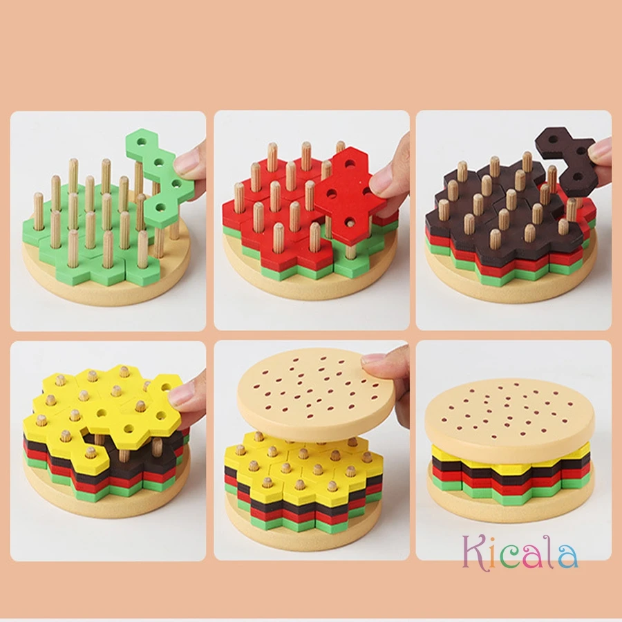 Montessori Hamburger Building Blocks Ordinamento e impilamento geometrici in legno Giocattolo Gioco di puzzle a colori per l'apprendimento educativo precoce