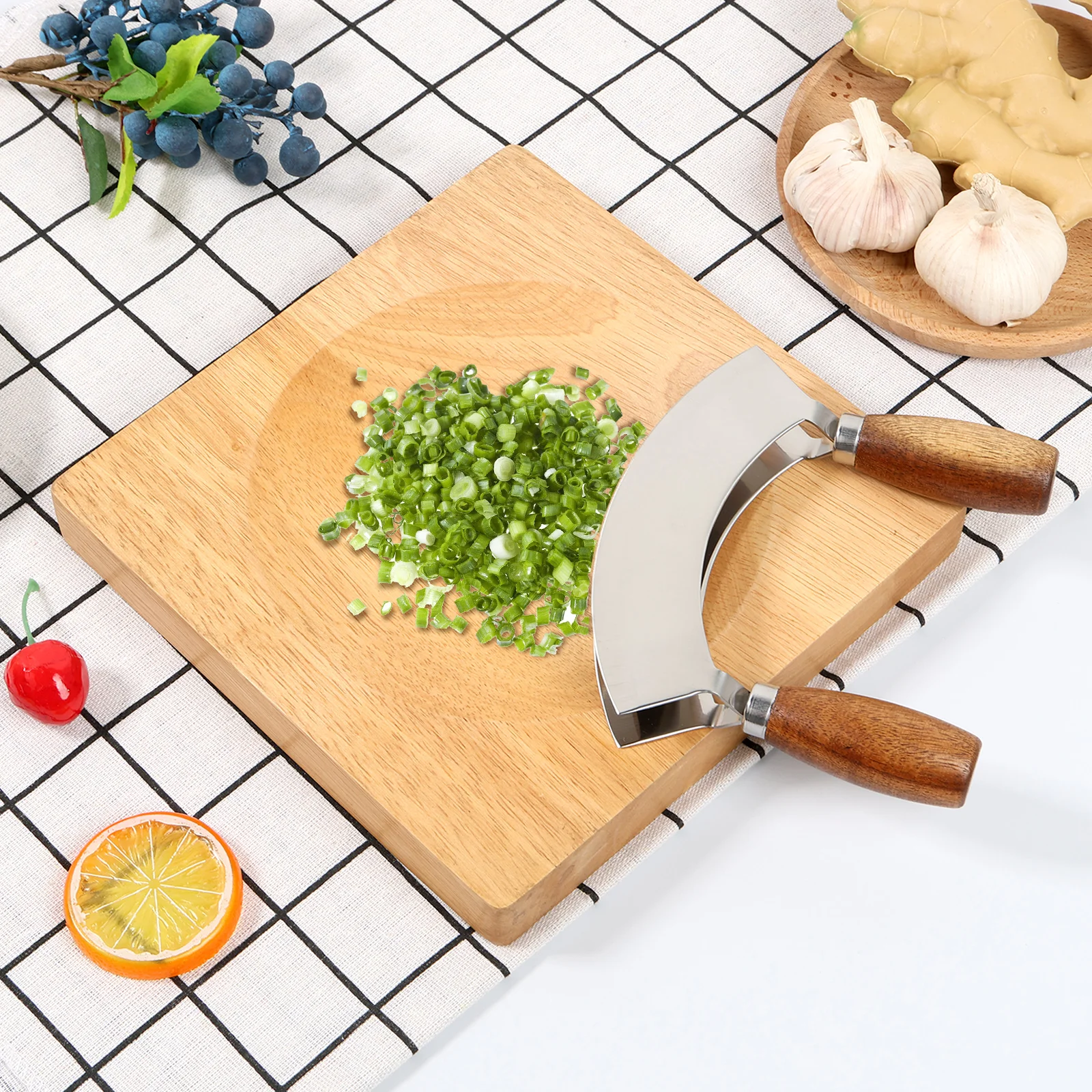 Mezzaluna Knife and Square Cutting Board Stainless Steel Ulu Knife Curved Double Blade Herb Chopper Rocker Knife Veggie Cutter