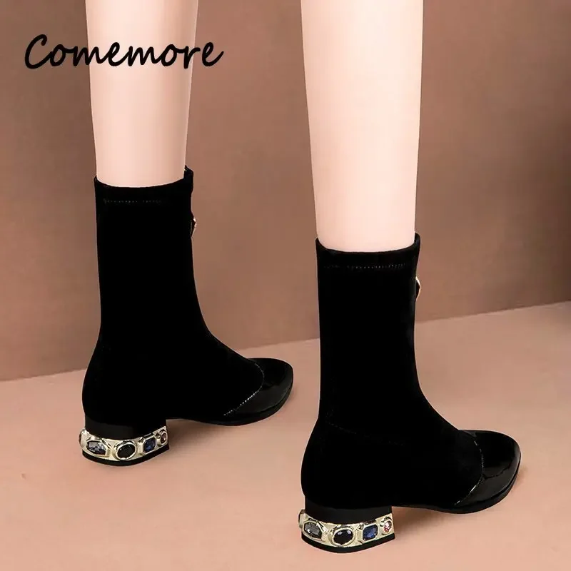 Comemore Short Sock Boots Woman Boot Spring Rhinestone Square Mid Heel Women\'s Winter Shoes Luxury Female Footwear Zapatos Mujer