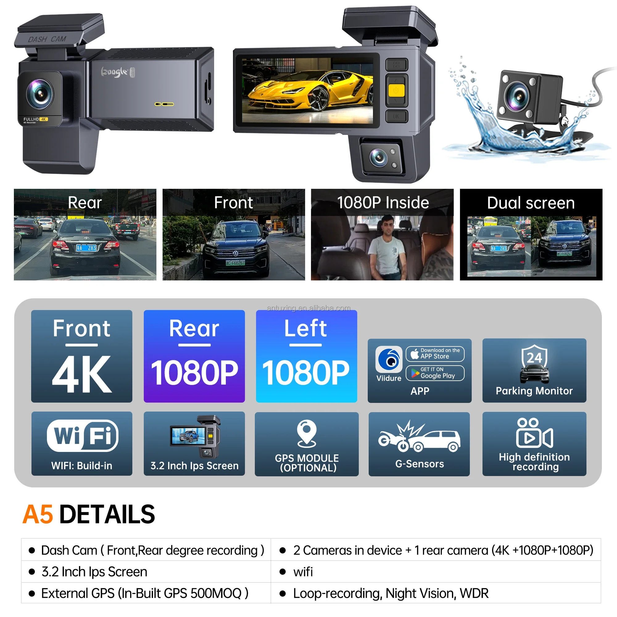 3-Camera 4K + 1080P IPS Car Driving Recorder, Night Vision, Dual Lens, 3-Channel, 5G WiFi, Voice Interaction, 1-Year Warranty