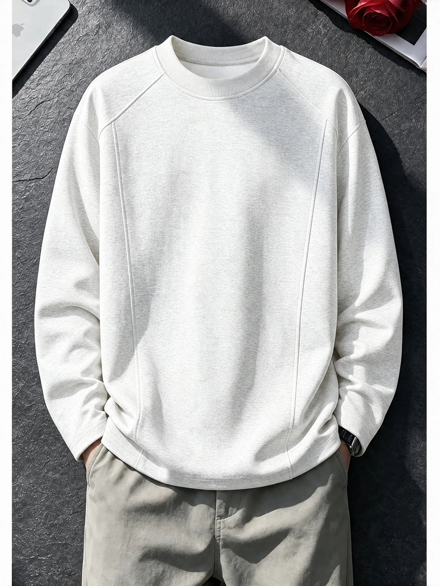 Gray Deconstructed Shoulder Long Sleeve T-Shirt Men's Autumn American Heavyweight Boxy Sweatshirt Inner Wear Base Shirt
