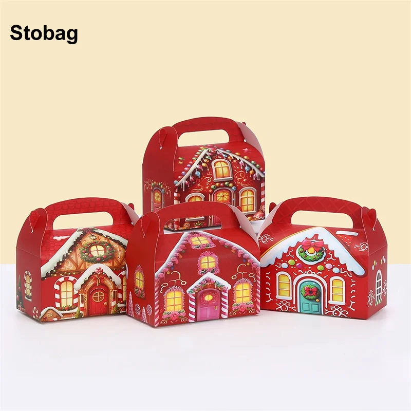 

StoBag 12/24pcs Merry Christmas House Kraft Paper Gift Box Children Kids Packaging Cake Candy Storage Party Favors Festival