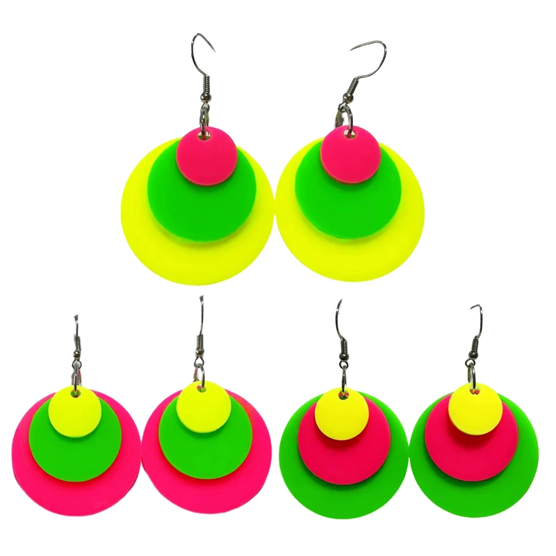 New Fluorescent Tricolor Large Round Acrylic Earrings With Geometric Fashion Personality Retro Ethnic Earring Decoration Gift