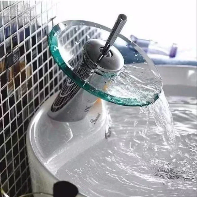 Colorful Glass Waterfall Bathroom Basin Sink Faucet Chrome Basin Sink Faucet Single Lever Deck Mounted Round Mixer Tap