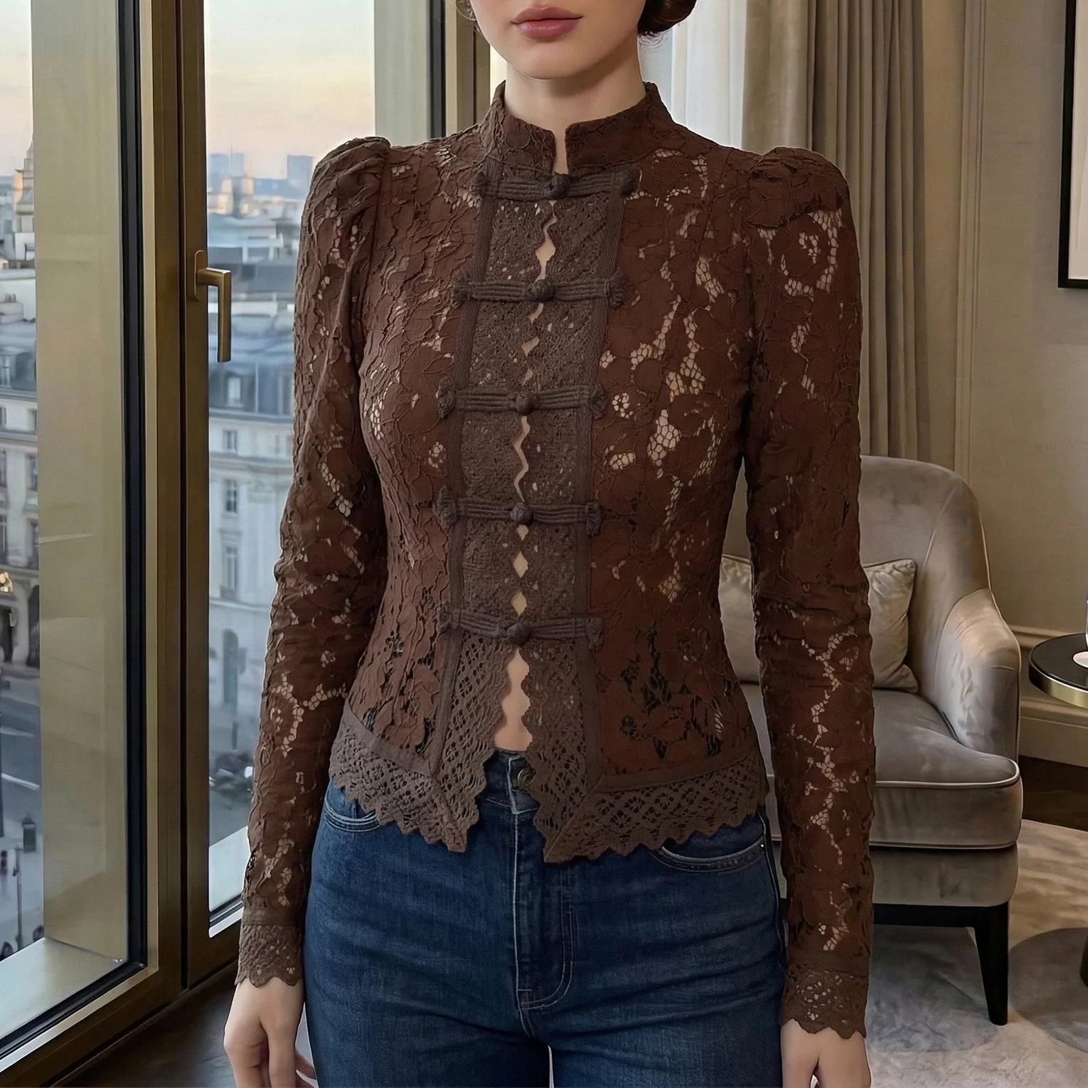 Spring Summer Elegant Ladies Vintage Lace Blouse Shirts Hollow Out Casual Sand Collar Embroidery Full Sleeve Women Top Shirts