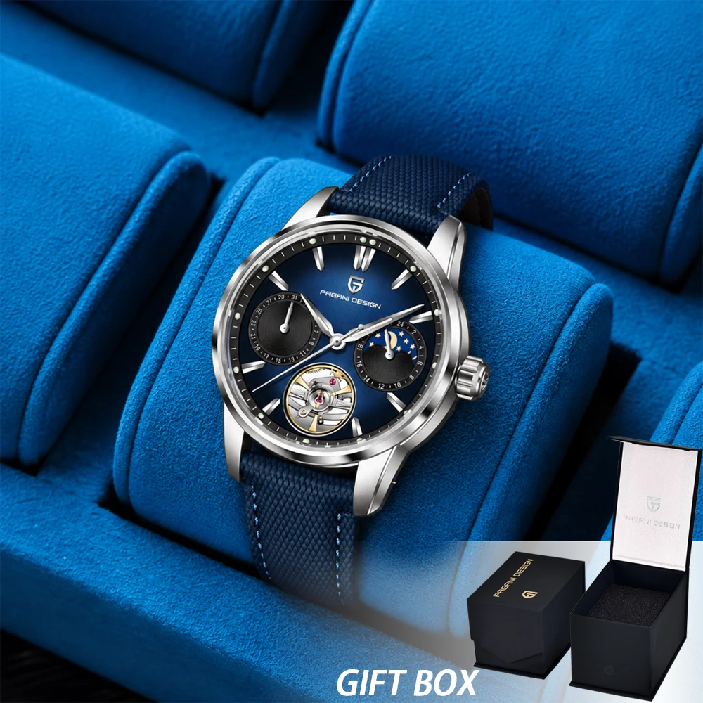 PAGANI DESIGN Automatic Mechanical Watch Men Moon Phase Tourbillon Hollow Dial Waterproof Luminous Sports Wrist Gift watch+box