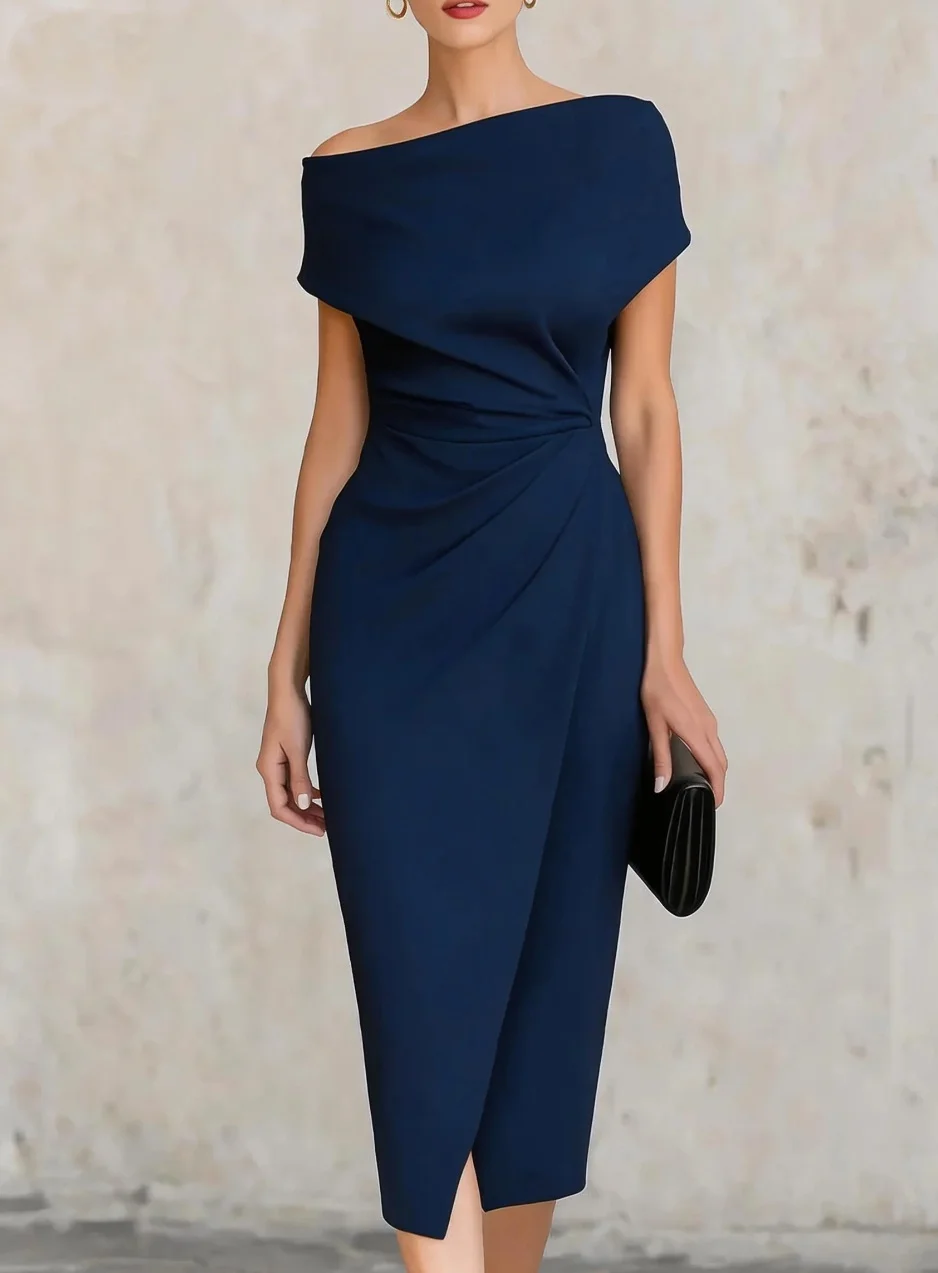 Schulterfreies, gerafftes Bodycon-Midikleid für Damen für Cocktailpartys und formelle Anlässe