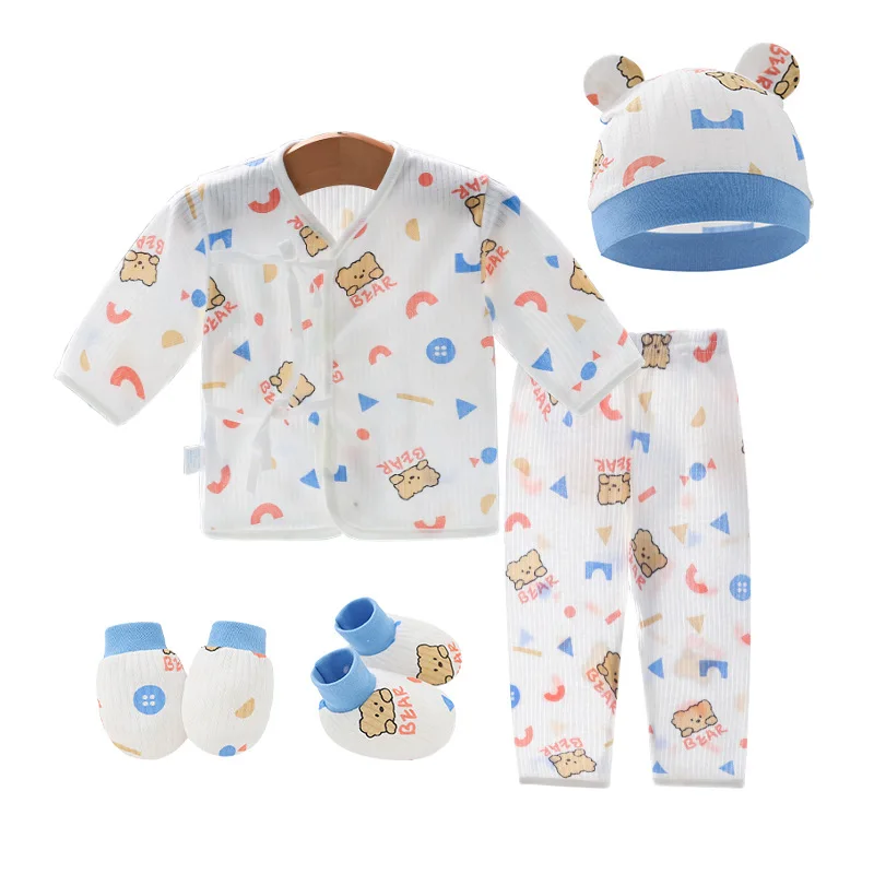 0-6 Month Cotton Newborn Clothes Set Tops Pants Hat Gloves Socks Summer Outfit Infant Baby Clothing New Born Accessories