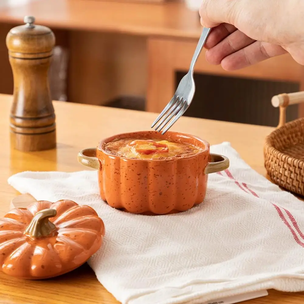 Pumpkin Bowl Set With Lid Handle Ceramic Soup Pot Creative Pumpkin Shape  Binaural Soup Bowl Household Halloween Decoration