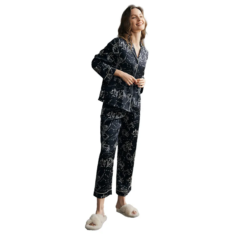 New  19 Momme 100 Mulberry Silk Pajama Set Woman Star Sign Print Long Sleeve Lounge Wear Sleepwear Soft Breathable Luxury Ho