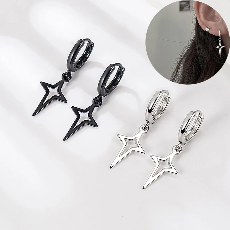 Gothic Punk Style Alloy Drop Earrings Black/Silver Color Stars Cross Simple Fashion Ear Stud For Women Men Rock Jewelry