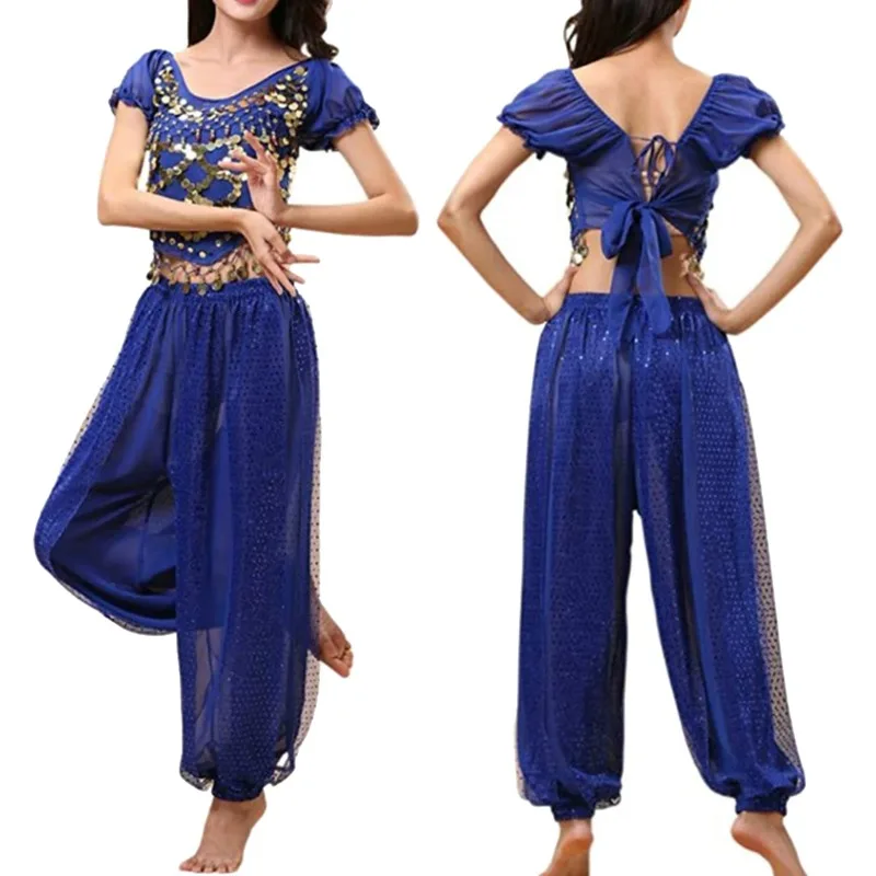 Conjunto de traje de danza del vientre para mujer, Tops de lentejuelas con pantalones Harem, Top corto, pantalones Harem, traje de baile árabe de Halloween
