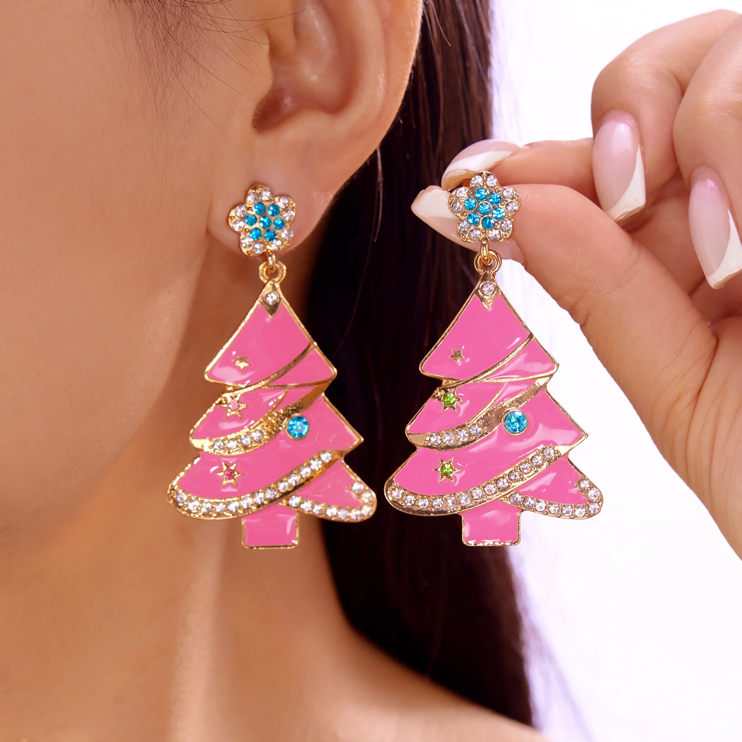 

Dainty Christmas Tree Flower Zircon Stud Earring for Women Fashion Letter Light Hat Bell Asymmetry Rhinestone Earring Jewelry
