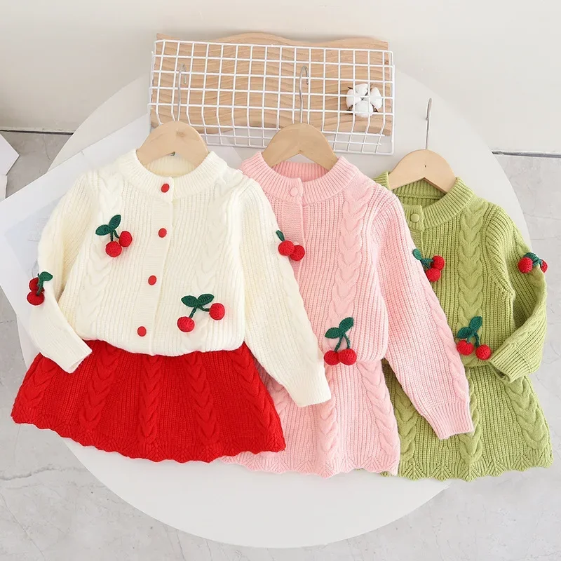 Children's Clothing Sets Cherry Embellished Cardigan + Twist Wrapped Hip Skirt Baby Girl Winter Clothes Knitted Sweater