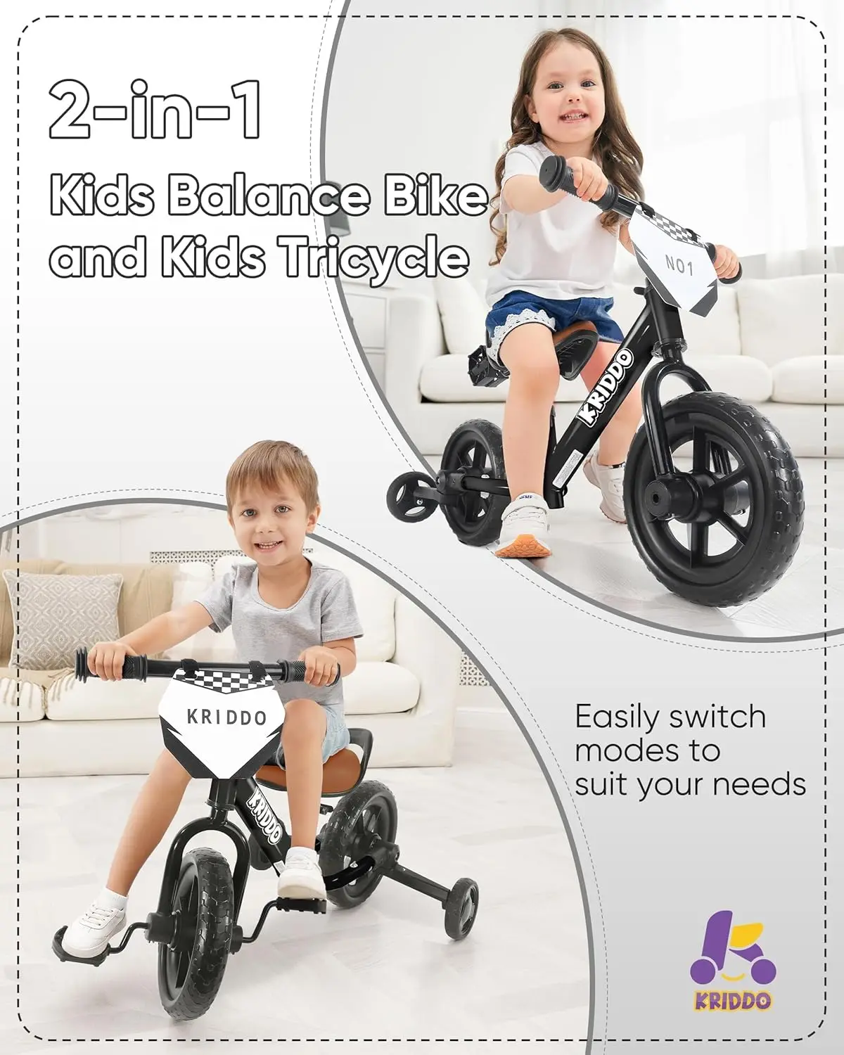 Tricycle 2 en 1 pour enfants, vélo d'équilibre pour tout-petits de 2 ans, poignées, pédales amovibles, roues d'entraînement escamotables, plaque de bricolage, triporteur d'équitation
