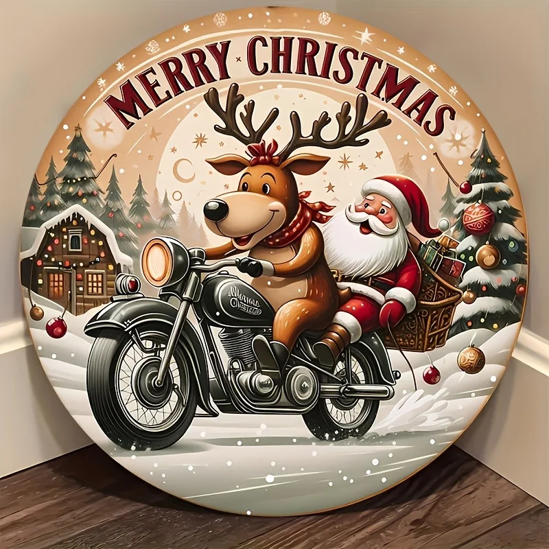 2D Flat, 1pc Merry Christmas Wooden Wreath Sign - 8x8 Inch Round Holiday Decoration with Santa Claus and Reindeer Motorcycle Des