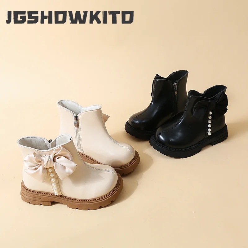 JGSHOWKITO Girls Leather Boots Sweet Big Bows Kids Short Boots Korean Style Versatile 2026 Autumn New Children Princess Boots