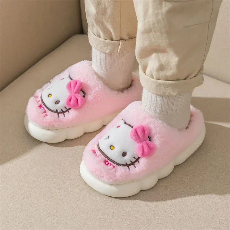 Kawaii Sanrio Hello Kitty Slippers Cute Cartoon Girls and Children Autumn and Winter Y2K Home Non Slip Grip Fluffy Plush Shoes