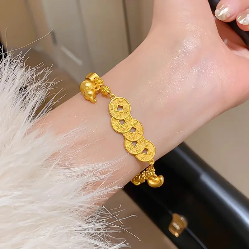 Modern Chinese Style Ancient Coin Calabash Bracelet Minimalist Design Elegant Cuff Sophisticated Adjustable Closure Daily Wear