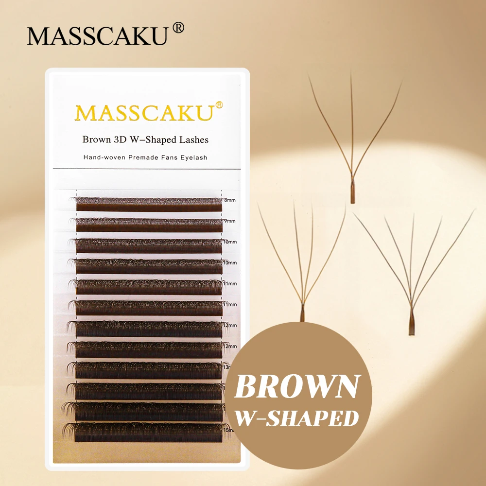 

Factory Wholesale Brown 3D W-Shaped Eyelash Extension 8-15mm Mix Length Easy to Pick Quick Grafting Flat Root Lashes by MASSCAKU