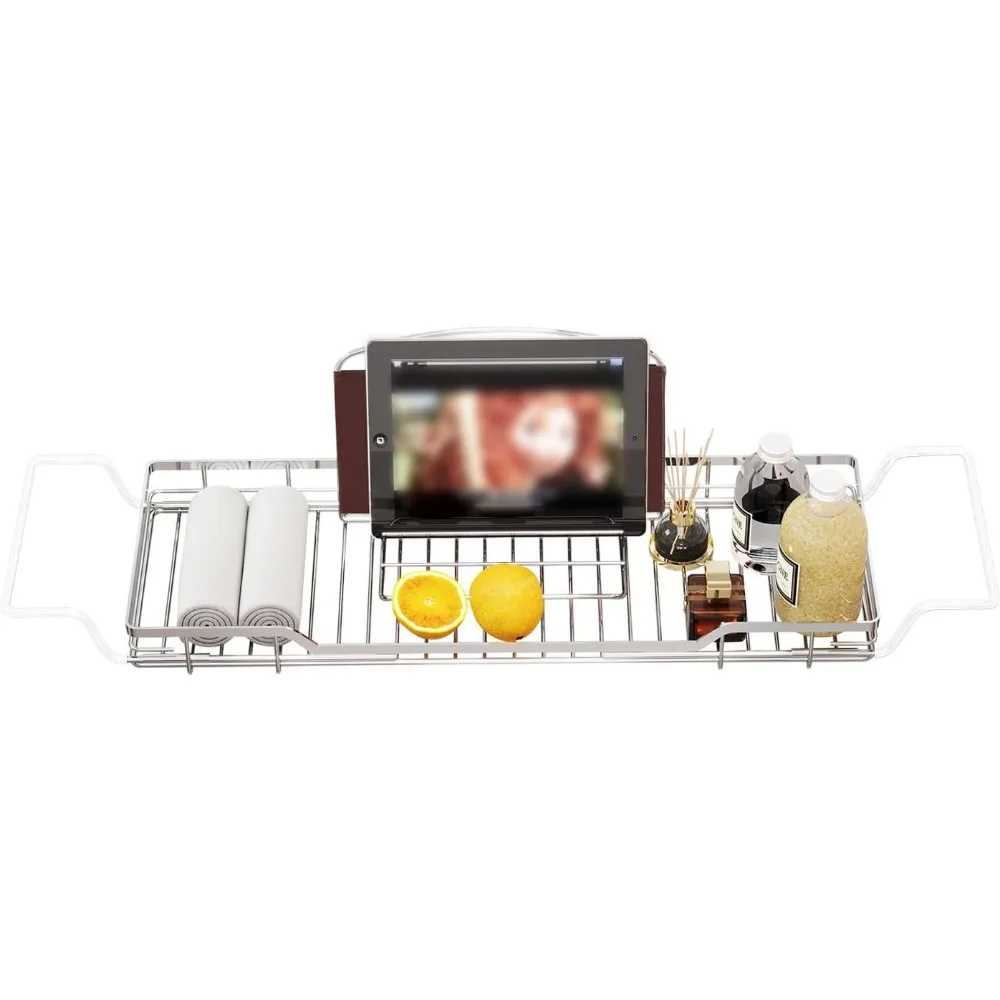 

Adjustable Bathtub Caddy Tray 304 Stainless Steel Multi Function Organizer for Tablet Phone Reading Rack
