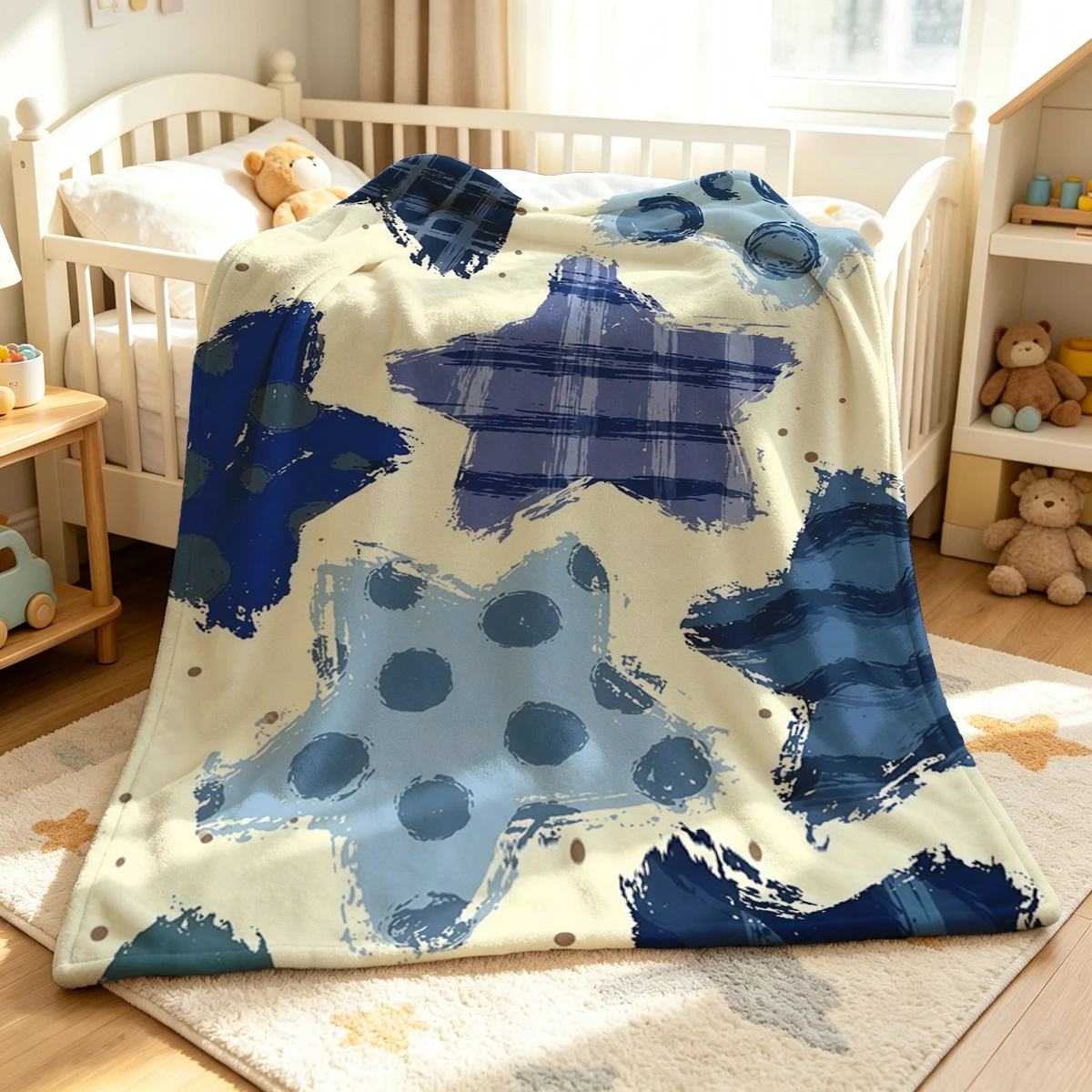 Blue Stars Flannel Blanket Warm Soft Halloween Christmas Couch Warm Cozy Decorative Decor Gift for All Season