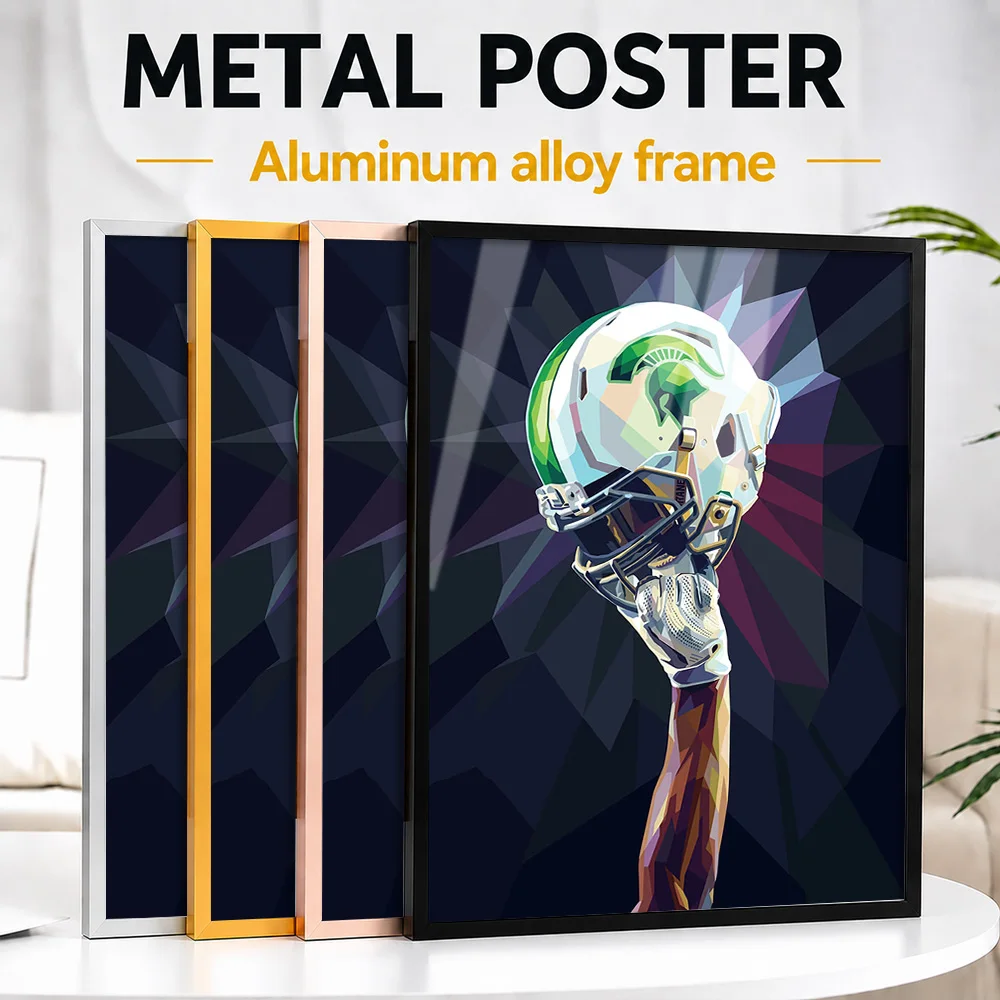 Spartan Football Helmet Pop Metal Poster With Aluminum Alloy Frame Customized Geometric Wall Art For Clubhouse Reception Area