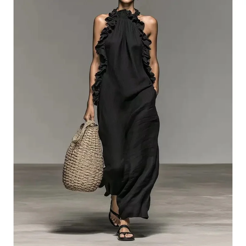 Elegant Ruffle Halter Maxi Dress Summer Elegant Sleeveless SundressHarajuku  Beach Party Evening Vestidos