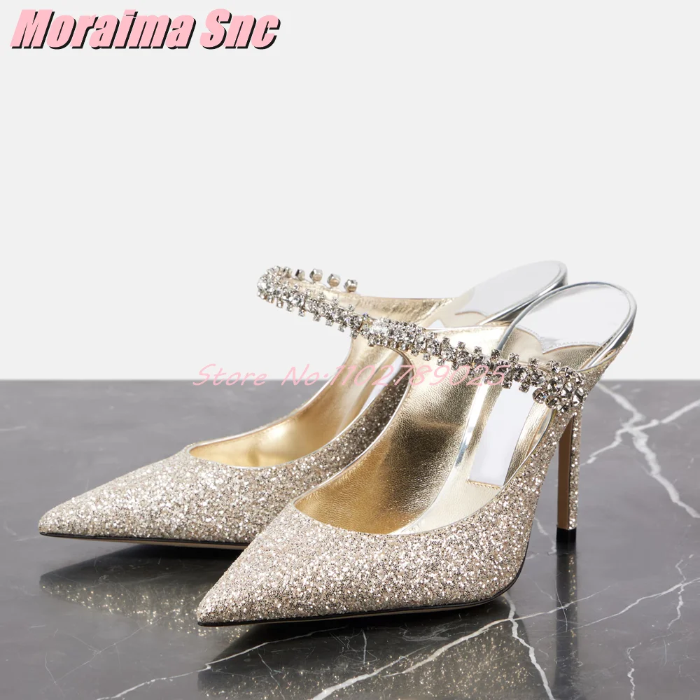 Crystal Embellished Glitter Mules Pointed Toe Stiletto High Heel Sexy Fashion Slip On Women Summer Slippers Outdoor Dress Shoes