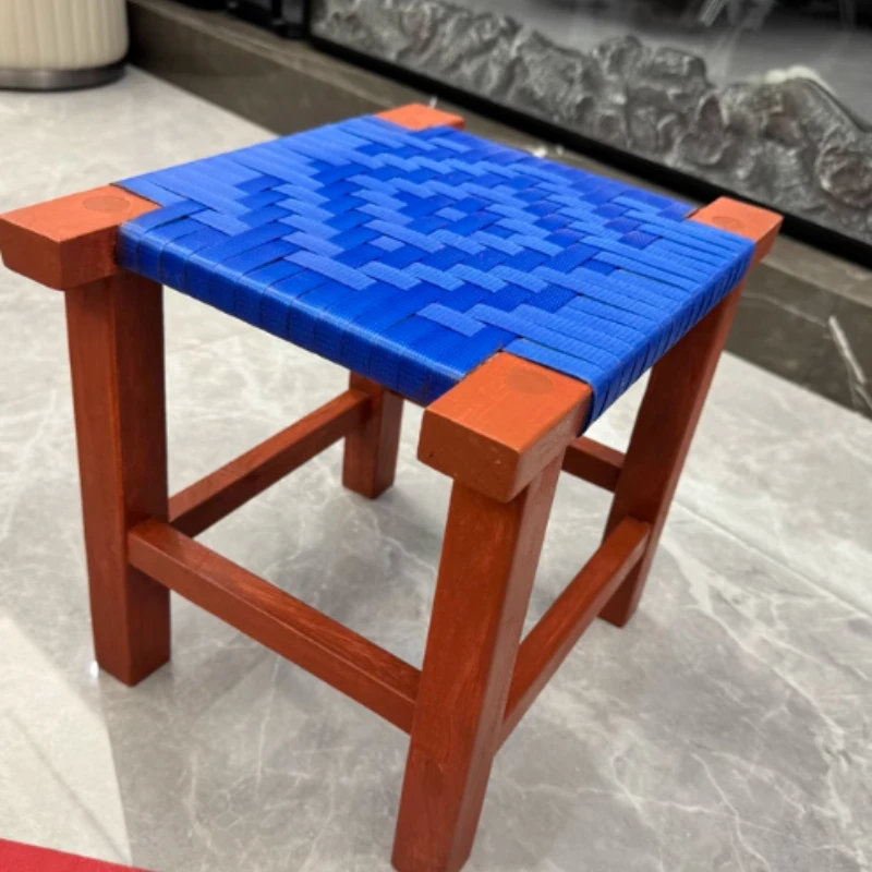 Handmade American Country Solid Wood Square Stool Rustic Dining Seat Farmhouse Durable Bath Stool Handwoven Rattan Woven Shoe Be
