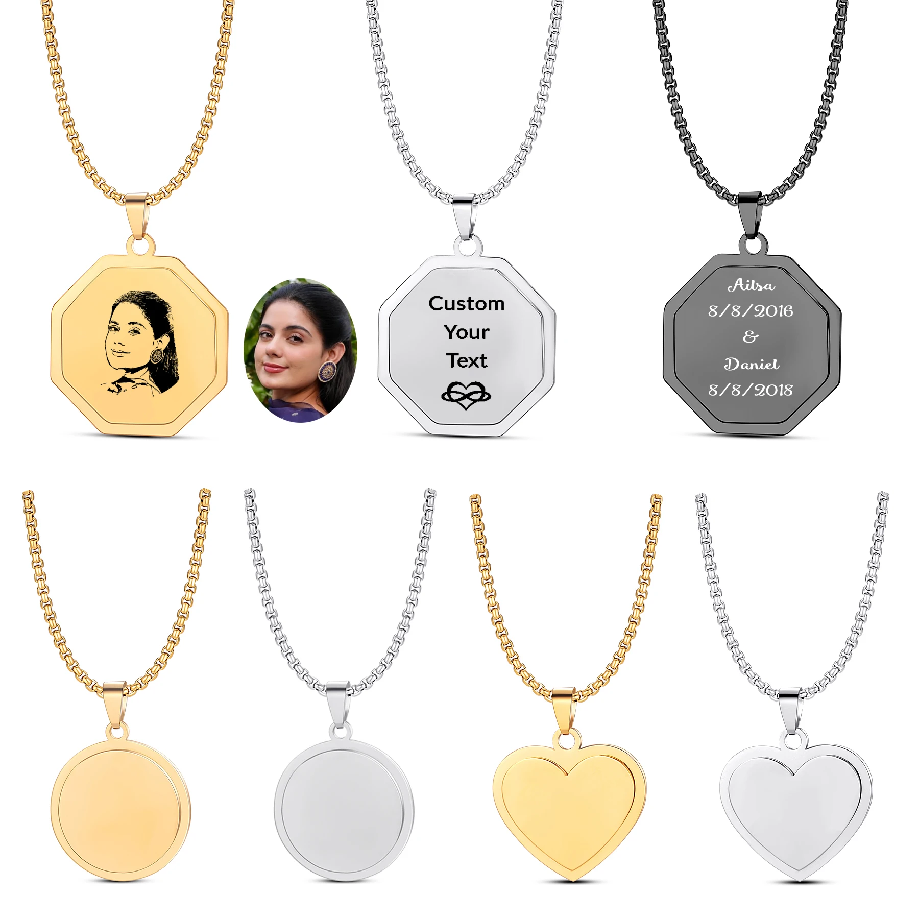 New Trendy Customized Necklaces Photo Name Engraved Stainless Steel Heart Pendant Chain Necklace Jewelry For Women Men ID Tag