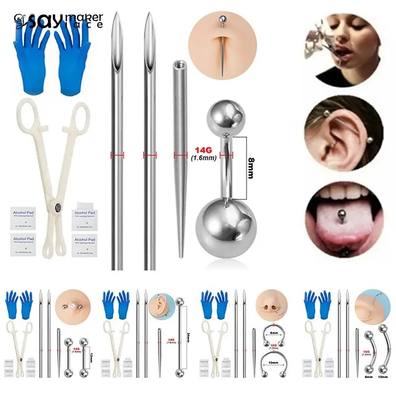 Body Piercing Kit Surgical Steel Threaded Taper Pin Needles Lip Nose Tongue Cartilage Eyebrow Navel Piercing Jewelry Tool Pliers