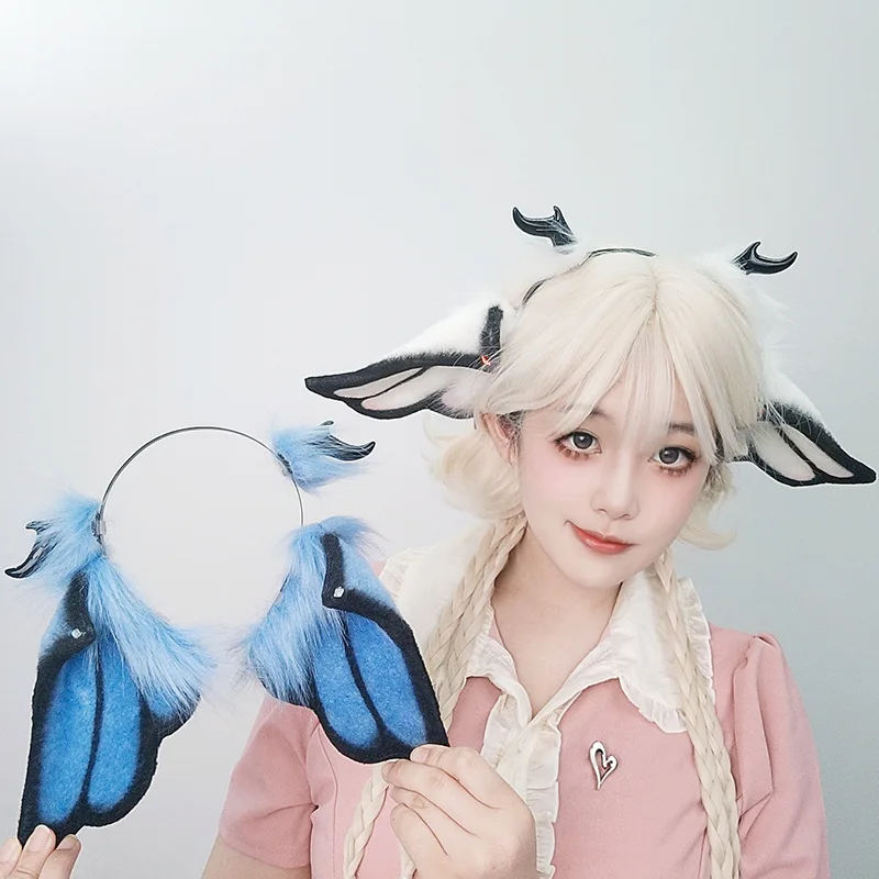 

Plush Moth Wings Devil Horn Hair Hoops Headwear Woman Hairbands Anime Cosplay Props Halloween Party Costume Accessories