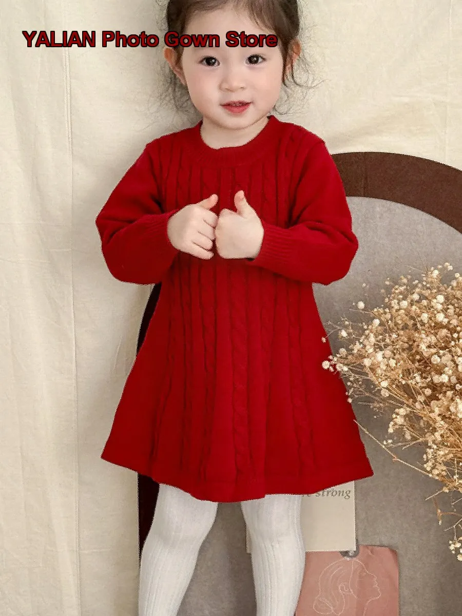 Girls Knit Twisted Pattern Princess Dress Baby Girls Elegant Christmas New Year Red Skirt
