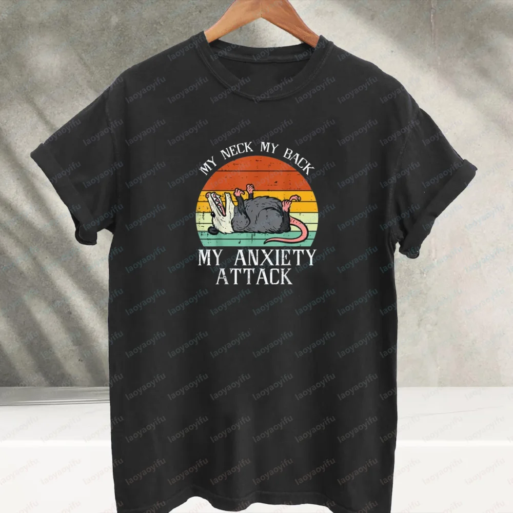 My Neck My Back My Anxiety Attack Funny Opossum Retro Sunset Graphic T‑Shirt Sarcastic Mental Health Slogan Print Cotton Tees