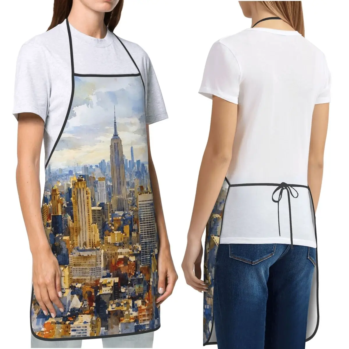 Manhattan Aerial View With Empire State Building Watercolor Cityscape Apron Chef Cooking Cuisine Tablier Bib Kitchen Pinafore