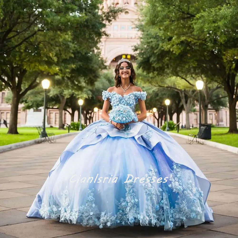 Luz azul 3d flores babados espartilho quinceanera vestido de baile apliques rendas fora do ombro doce 16 vestido de xv anos