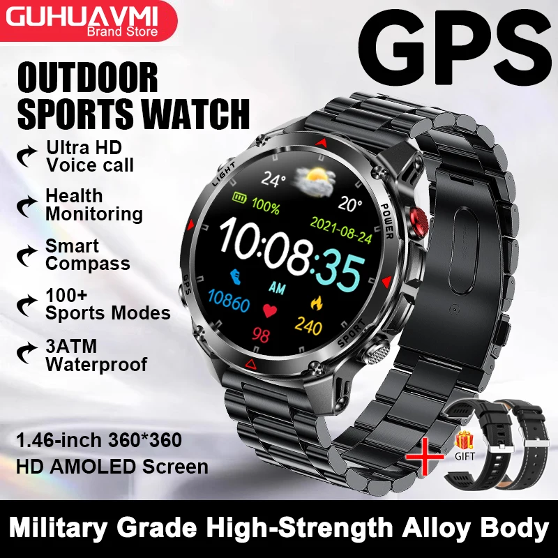 2025 New Military Bluetooth Call Smart Watch Built-in GPS Compass Barometric Altimeter 10ATM Waterproof Sports Smartwatches Men