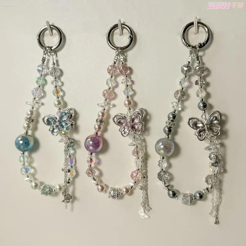 Elegant Pearl Alloy Butterfly Phone Lanyard Luxury Crystal Keychain Bag Charm Fashion Multi-Functional Key Holder Accessory