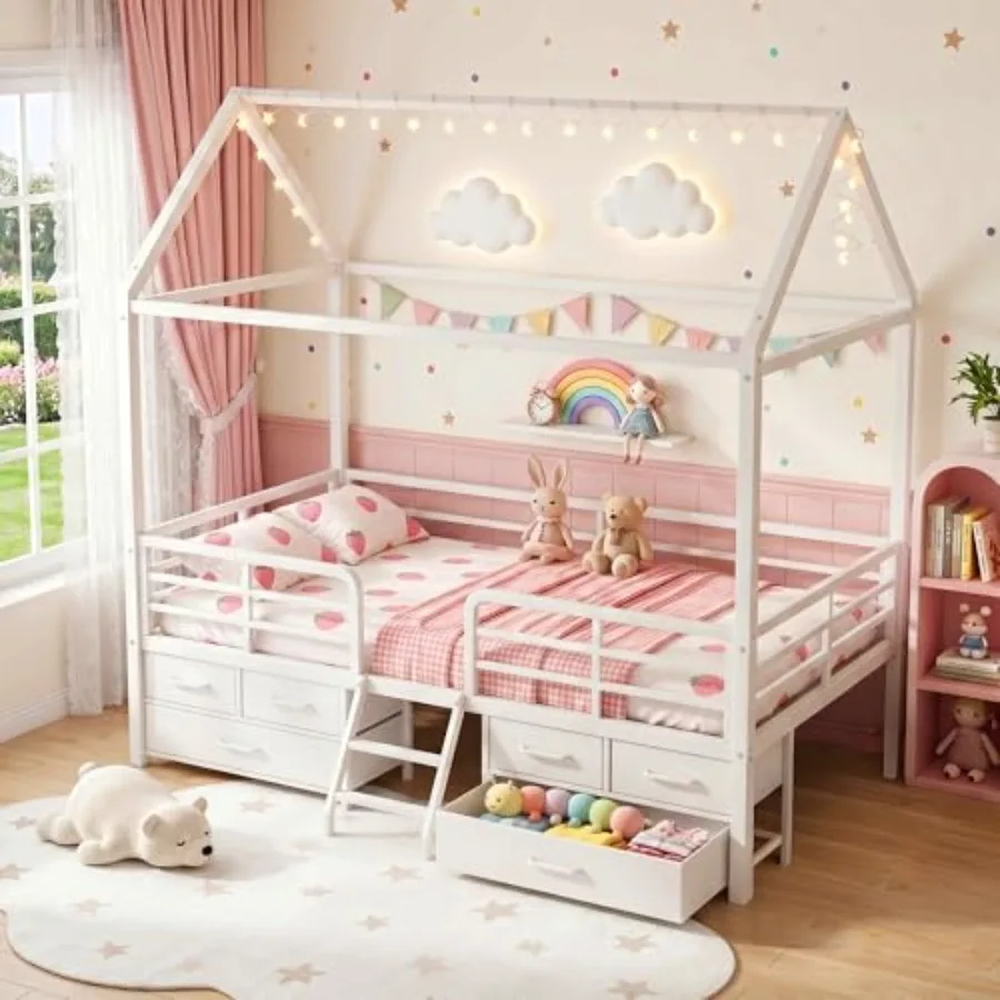 Twin bed frame for kids' room, metal, white, with 4 drawers, star moon string lights, safety guardrail and inclined ladder, no