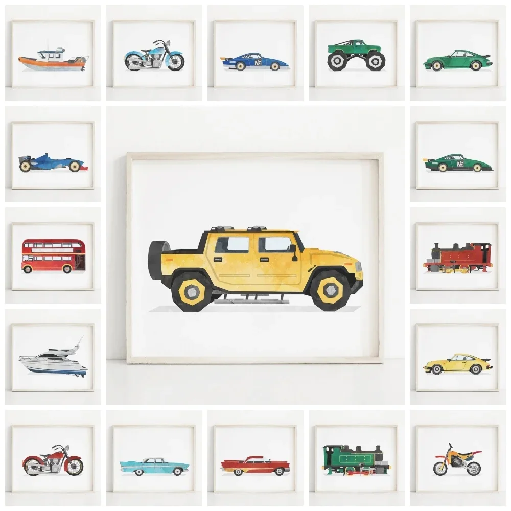 Car Train Motorcycle Nursery Vintage Canvas Art Paintings Poster and Prints Watercolor Wall Art Picture for Home Decor Cuadros