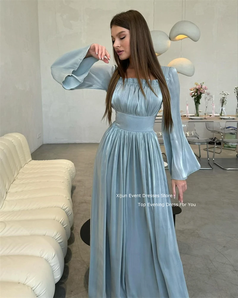 Xijun Blue Elegant Slik Chiffon Evening Dresses Long Cape Sleeves Formal Prom Dresses Mermaid Event Square Collar Prom Gowns